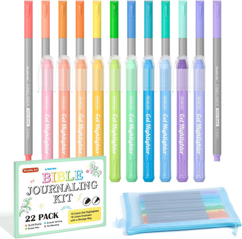 Bible Highlighters and Pens Kit, 22 Pack No Bleed, 10 Colors Gel Highlighters, 12 Colors Fineliner Pens with Storage Bag