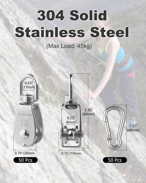 Rocaris 10 Pcs Stainless Steel Wire Rope Crane Pulley Block M15, Single Pulley Block with Swivel Hook for Lifting