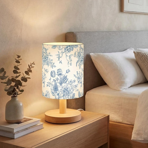 VIHOSE Blue Floral Kids Table Lamp for Bedroom Kids Bedside Lamp with Linen Wooden Nightstand Cartoon Nursery Lampshade