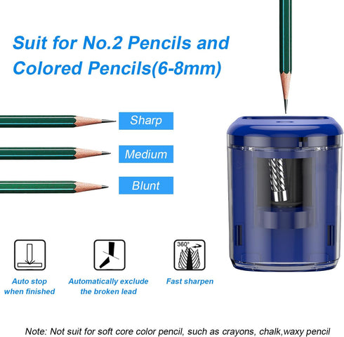 Electric Pencil Sharpener Heavy-Duty Helical Blade Sharpener with Adapter/Battery Operated for No.2/ (6-8mm) Pencils with Auto Stop & Cleaning Brush in School/Classroom/Office (Blue)