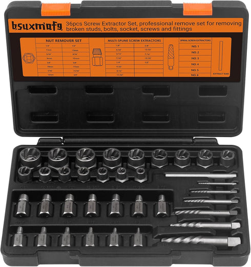 BSUXMAFG 36Pcs Bolt Extractor Set and Spiral Screw Extractors, 2-in-1 Multi-Spline Screw Extractors,