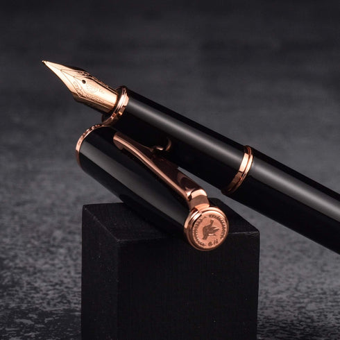 HongDian 920 Black Metal Fountain Pen with Rose Gold Plated Fine Nib, Classic Writing Pen with Ink Converter