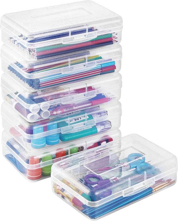 Sooez 6 Pack Clear Pencil Box - Large Capacity Plastic Storage Organizer with Snap-tight Lid, Stylish Design
