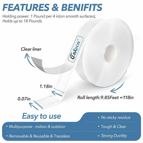 Heavy Duty Double Sided Tape, 16.5FT Premium Removable Mounting Adhesive Grip Tape for Craft Wall Mounting
