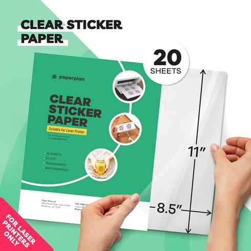 Clear Sticker Paper - Glossy Vinyl for Laser Printer, 20 Sheets, 8.5 x 11" Letter Size - Perfect for Vibrant Crafting