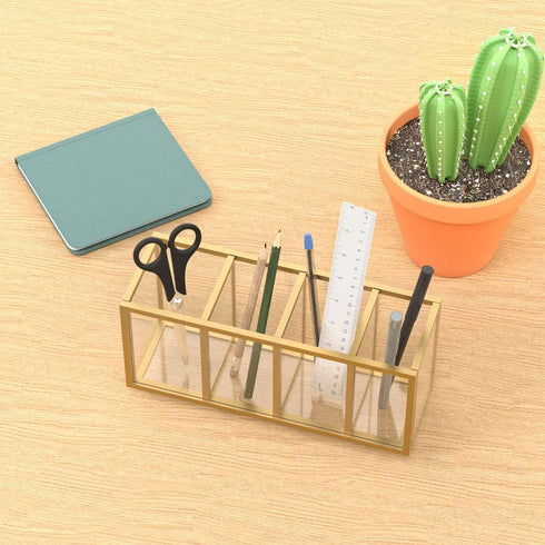 NIUBEE Acrylic Pen Holder, 4 Compartments, Gold Copper Border Pencil Organizer Cup for Desk Accessory Storage