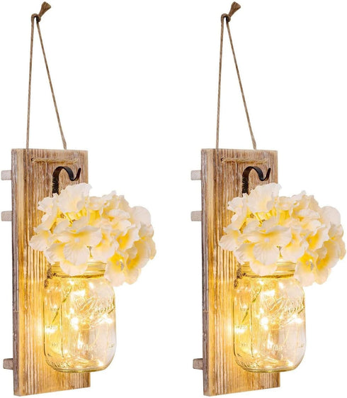 2 Pack, Mason Jar Wall Decor -Rustic with Hydrangea Flowers - Rustic Farmhouse Wall Sconces, Easy Installation (Khaki