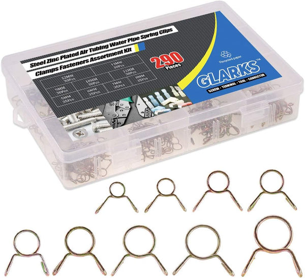 Glarks 290Pcs Fuel Line Hose Water Pipe Air Tubing Spring Clips Clamps Assortment Kit, Size 5-13MM