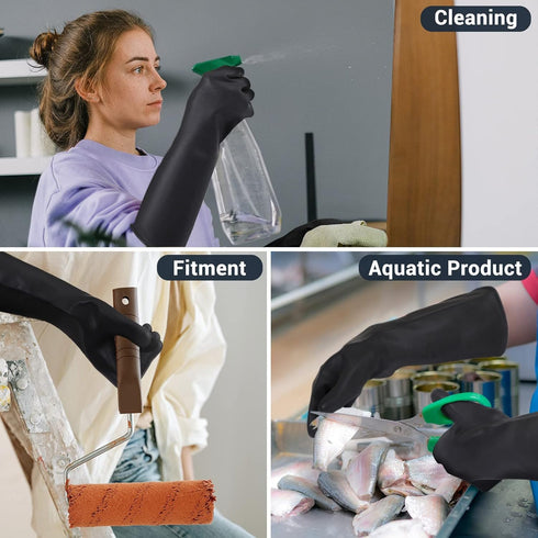 Thick Chemical Resistant Rubber Gloves - Waterproof Heavy Duty Cleaning Gloves, 18" Black Safety Work Gloves, XL