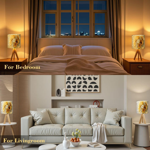 RAINFALLARING Tripod Bedside Table Lamp for Bedroom Elegant Yellow White Rose Bouquet Sunflowers Glitter Accents