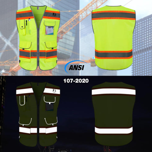 TCCFCCT Reflective Safety Vest for Men Women 9 Pockets High Visibility Vest with Fluorescent Orange Extend Edge, Hi Vis Security Work Vest for Surveyors, Durable and Breathable, (DB-Yellow, XX-Large)