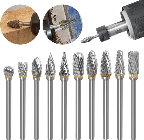 Tungsten Carbide Rotary Burr Die Grinder Bits, Single Cut Grinding Head 12mm with 1/4" Shank for Woodworking