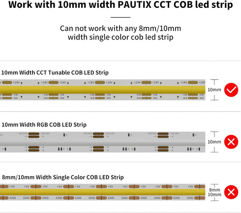 PAUTIX 10mm Connectors for CCT COB LED Strip Light, 4pcs Dual End Extension Connectors, 2pcs DC Plug Extension Wire