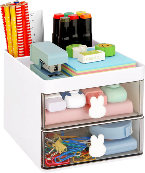 LETURE Small Desk Organizer With Drawer, Office Desktop Storage Box for Business Card/Pen/Pencil/Mobile Phone/Stationery