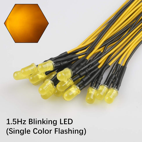 50pcs 12 Volt 5mm Yellow Blinking LED Lights Emitting Diodes (1.5Hz Flashing) Pre Wired 7.9 Inch DC 12v LED Light