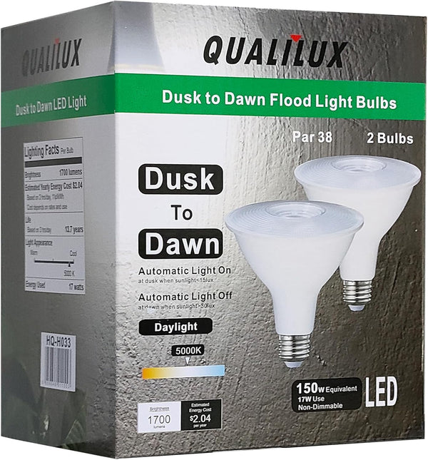 Dusk to Dawn PAR38 LED Light Bulbs, 17W (150W Equivalent), 5000K Daylight, Auto On/Off, E26, 2 Pack