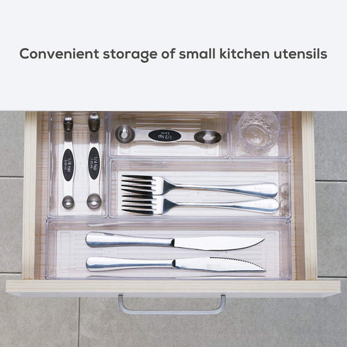 DCA 14 PCS Clear Plastic Drawer Organizer Tray, 4 Sizes for Makeup, Kitchen Utensils, Jewelry Storage