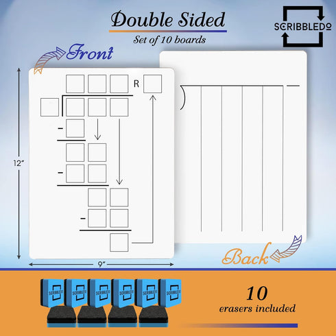 SCRIBBLEDO 10 Pack Dry Erase Division White Boards, 9 x 12 Inch Double Sided Math Manipulatives for Kids and Students