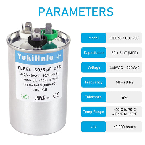 YukiHalu 50+5 uF 50/5 MFD 370 or 440 VAC CBB65 Dual Run Capacitor for Air Conditioner, Motor Run, Heat Pump