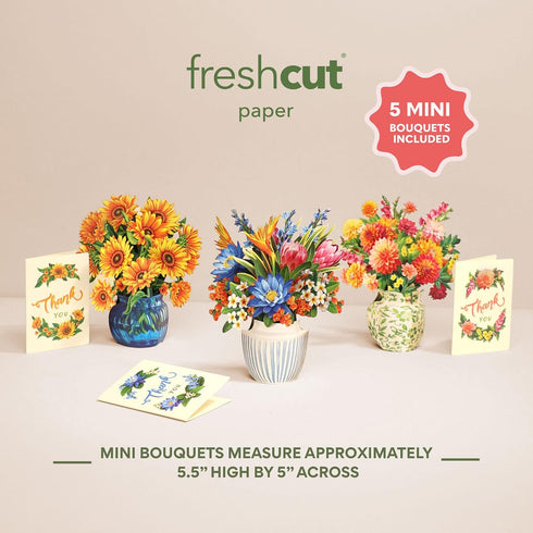 Set 5 6 Inch 3D Pack 5 Freshcut Paper Pop Up Cards, of Thank You Mini Bouquets with Matching Card, Popup Forever