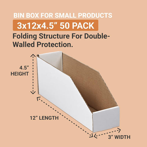 AVIDITI Corrugated Cardboard Storage Bins Holder - 3" x 12" x 4.5" (50 Pack), Open Top Durable for Organizing Parts Bin