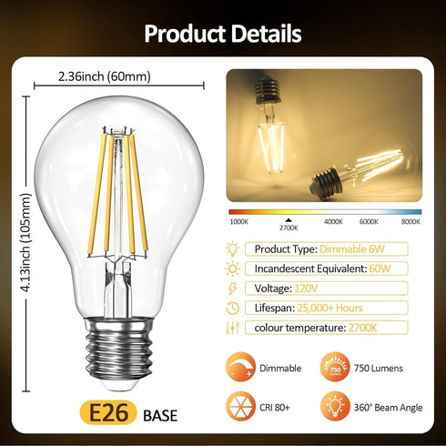 Dimmable A19 Clear LED Light Bulbs, 60W Equivalent, 2700K Soft Warm White, E26 Base, 6 Packs