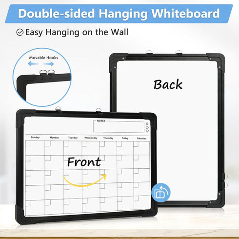 Whiteboard Calendar Dry Erase Calendar for Wall, 16" x 12" Double-Sided Magnetic Dry Erase Board Hanging, Black Calendar Whiteboard for Drawing, Kitchen, Planning, Memo, School, Home, Office