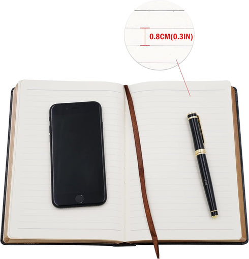 Lined Journal Notebook, A5 Black Faux Leather Cover, 100Gsm Premium Thick Papers with Golden Rim, 416 Pages