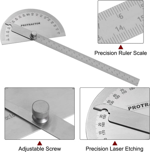 Stainless Steel Angle Protractor 0-180 Degrees Measuring Ruler with 20cm/7.87" Round Head for Woodworking