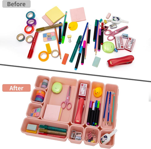 KeFanta 22 Pack Desk Drawer Organizers, Interlocking Storage with 3 Sizes for Office, Bathroom, Pink