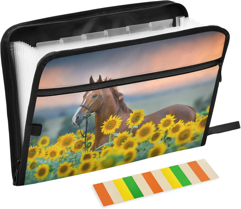 Horse Sunflowers Field Accordion Document Files Organizer, 13 Pockets, Yellow Floral Expanding File Folder for A4