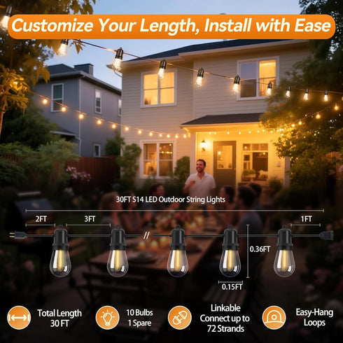 Adirxon 30FT Dimmable S14 Bulbs IP44 LED Outdoor String Lights Shatterproof Weatherproof Hanging Lights for Small Patio
