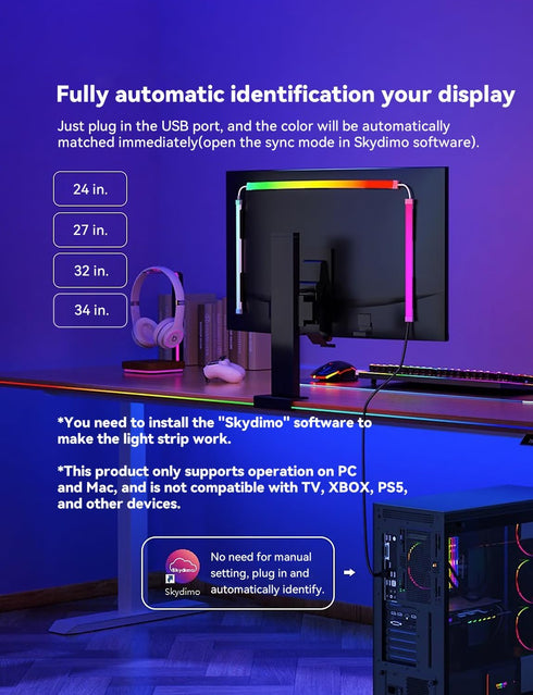 Fiotura (34 Monitor LED Backlights for PC & Mac, LED Strip Lights That Sync with Screen Color or Music, Computer Light