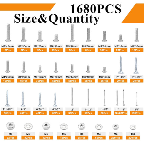 maierke 1680 Kit,M3/M4/M5/M6 Nails,#6#8 Set 1/2 2") PCS High Hardness Screw Bolts and Nuts & Nails & Wood Screws
