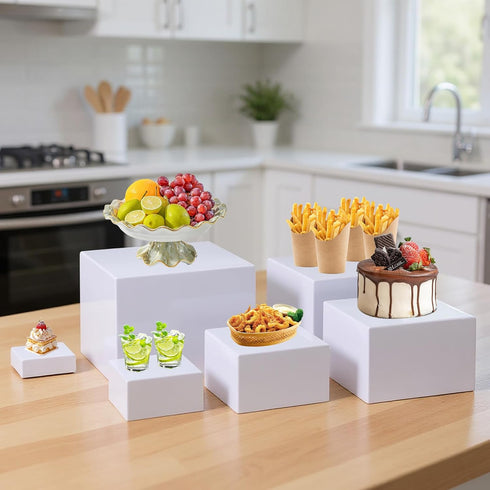 PercyEffie 6PCS Set decor5/6/6.8/7/7.5/8IN Buffet risers Acrylic Cubes for Display Food risers for Buffet Table White