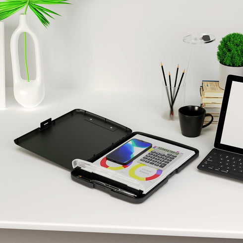 Piasoenc Clipboard with Storage, 8.5 x 11 Organization Box with Pen Holder, Black Folio & Side-Opening