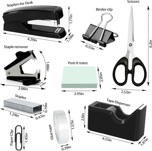 Black Office Desk Accessories Set, Desk Drawer Organizer with Stapler, Tape Dispenser, Scissors, and Sticky Notes