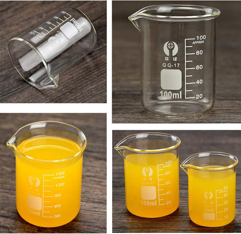 Lab Glassware Set, 5pcs Thick Glass Graduated Beaker, 4pcs Glass Measuring Cylinder, Pipettes, Stirring Rods, Cleaning
