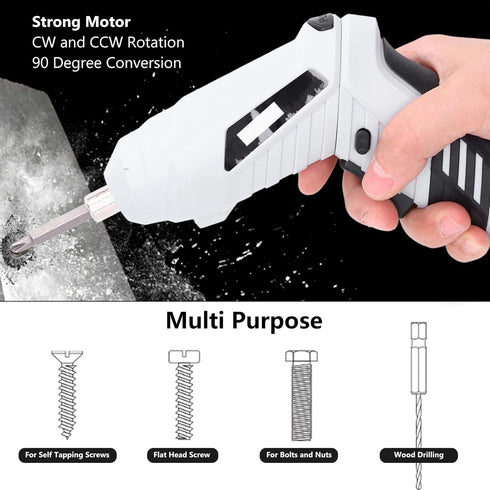 Electric Screwdriver Set - Cordless Handheld Power Screwdriver with 2Pcs Bits, USB Rechargeable Drill Kit, White