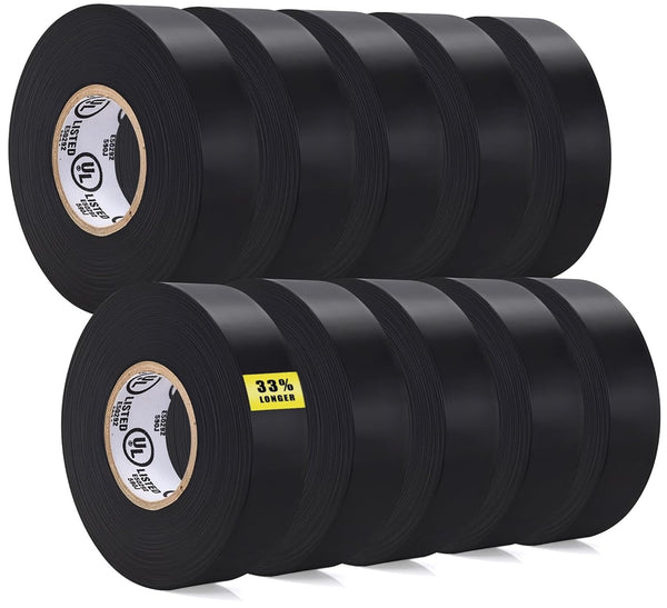 Black Electric Tape 10 Pack - 3/4 inch x 66ft PVC Electrical Insulating Tape, Waterproof, U/L Approved