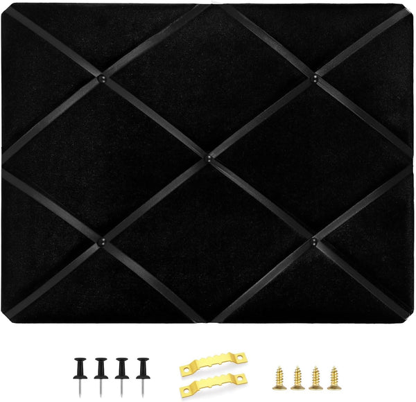 Black Fabric Memo Bulletin Board, 23.6x17.7 inches Velvet Pin Board for Wall, Vision Board with Criss-Cross Ribbons
