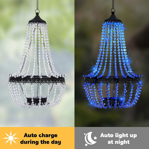 SUNNYPARK 28 30 Hanging Solar Lantern Outdoor, Modern Clear Crystal Acrylic Chandelier with Blue Lights S Hook