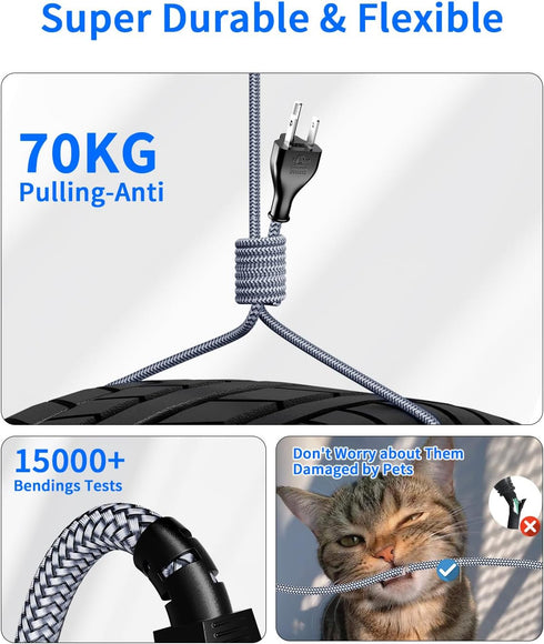 RIKSOIN 3 Cord,18AWG 5-15P C5 Cable-6.6FT/2M Extension Cord Outdoor,Universal Prong Extension Indoor Extension Cable