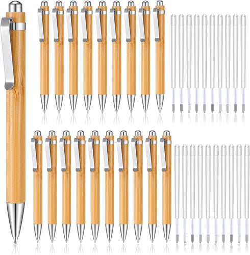 Fainne Bamboo Pens Bulk, Wood Natural Engraving Retractable Bamboo Pen with Extra Black Ink Refills, 20 Pcs