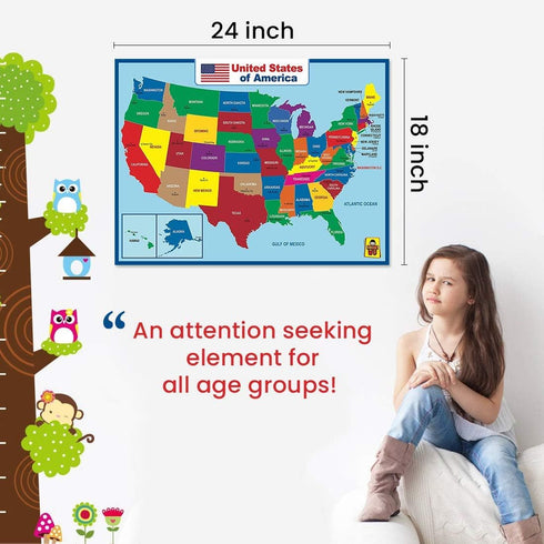 United States Map Laminated Poster, Double-Sided Educational Poster for Kids/Adults, 18 x 24 inch Waterproof Map