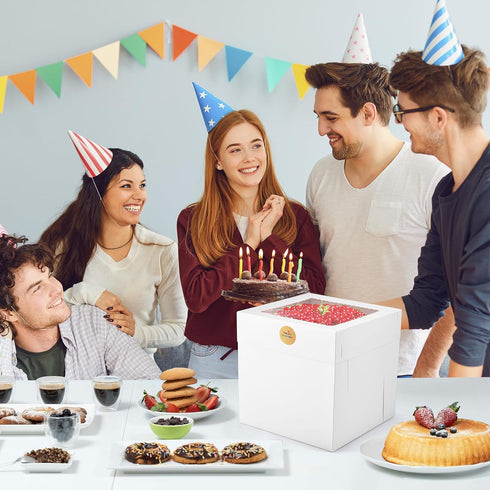 12Pcs Tall Cake Boxes with Window, 12x12x12 Inches, White Disposable Carrier Container for Multi-Layer Cakes, Bakery