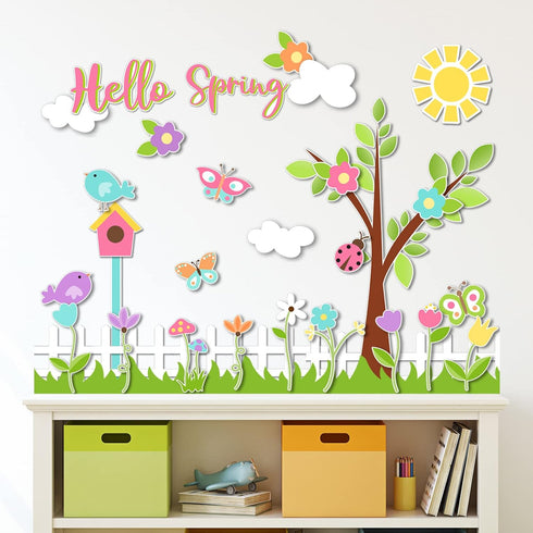 Whaline 116Pcs Spring Bulletin Board Decorations Set Colorful Tree Flower Bird Butterfly Cutouts