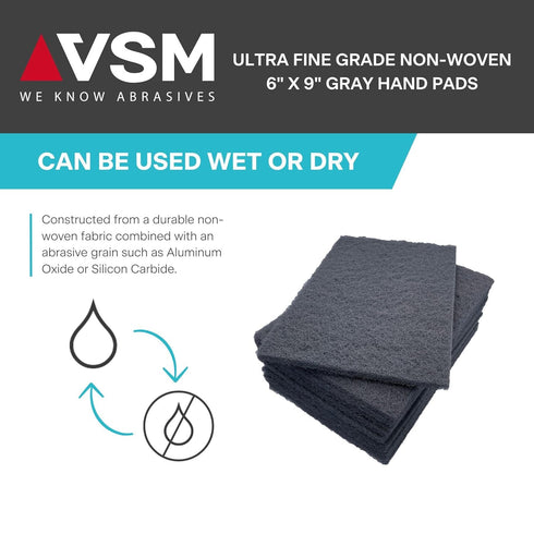 VSM 10-Pack 6" x 9" Ultra Fine Non-Woven Hand Pad, Silicon Carbide Grains, Multipurpose Abrasive Scrub Pad