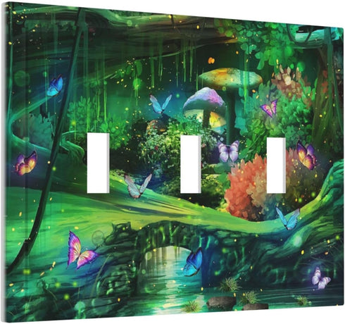 Decorative Switch Plate Covers Forest Spring Enchanted Fairy Wonderland Green Ground 3 Gang Light Switch Cover Triple Toggle Wall Plate Electrical Faceplate for Nursery Kidroom Decor by Sghxwp