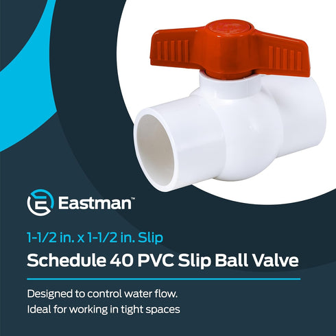 1-1/2 Inch 40 20119 Eastman Slip Schedule PVC Quarter Turn Ball Valve, Brass Plumbing Fitting